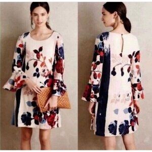 Anthropologie Maeve Floral Bell Sleeve Swing Slip Mini Long Sleeve Dress Large